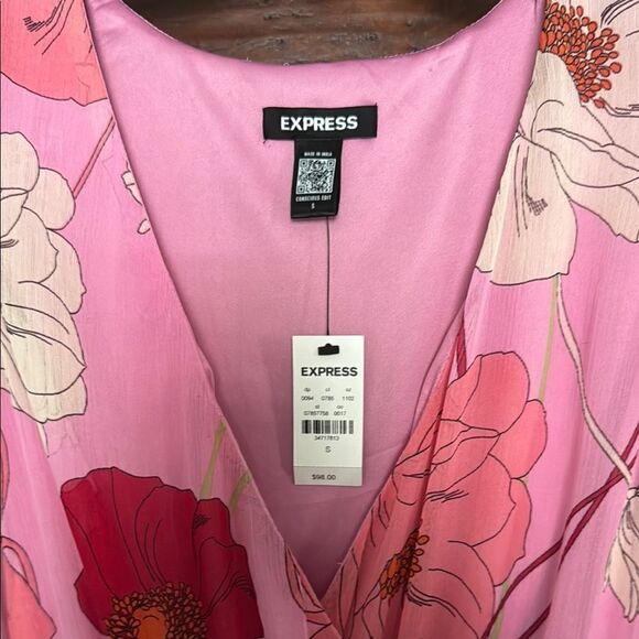 NWT Express Pink Floral Faux Wrap Tie Waist Midi Dress Size S - Picture 4 of 10